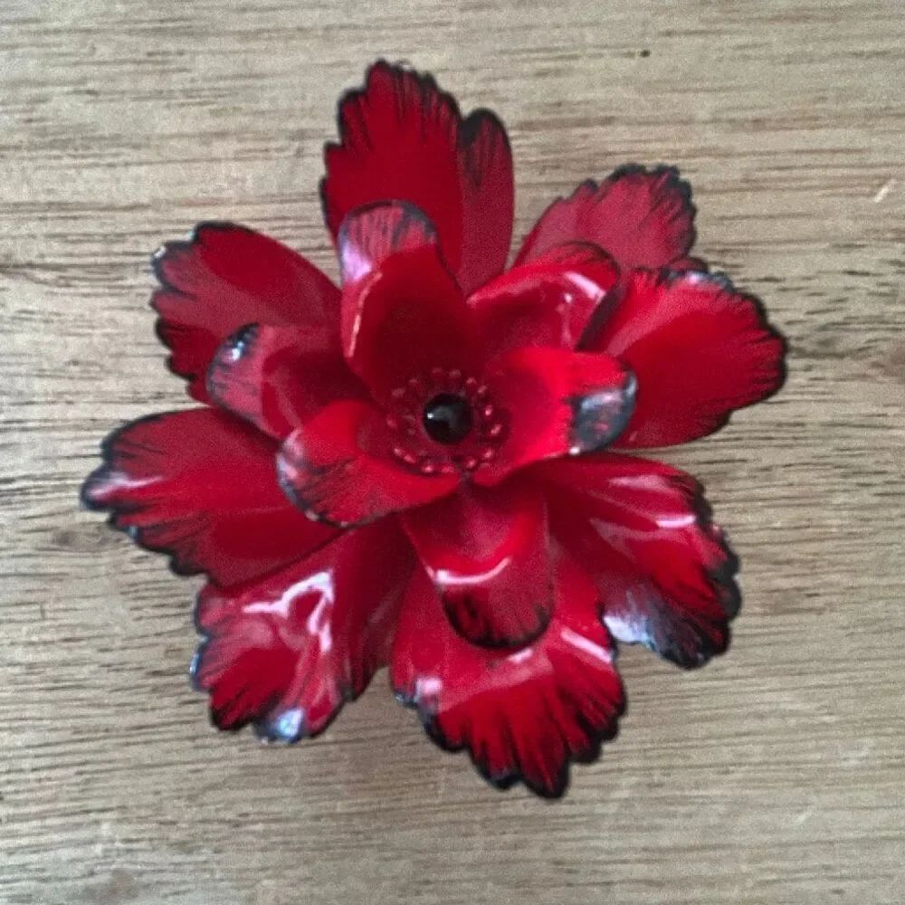 Vintage cherry red poppy flower large brooch pendant 1960s